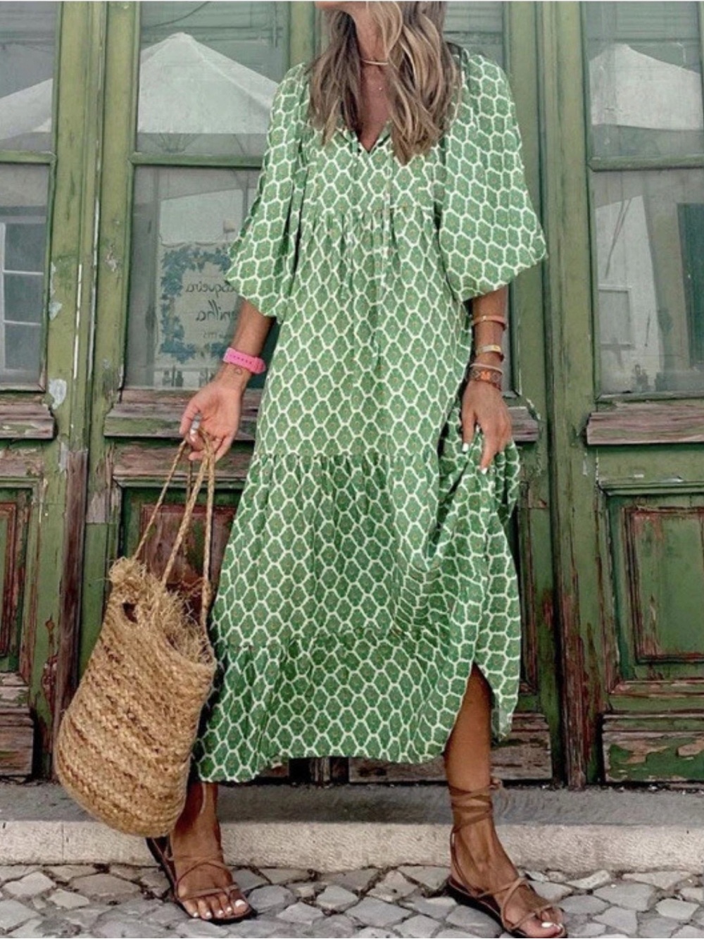 Collection by CEZELE Midi Dress green white small boho Resort vacation peasant
